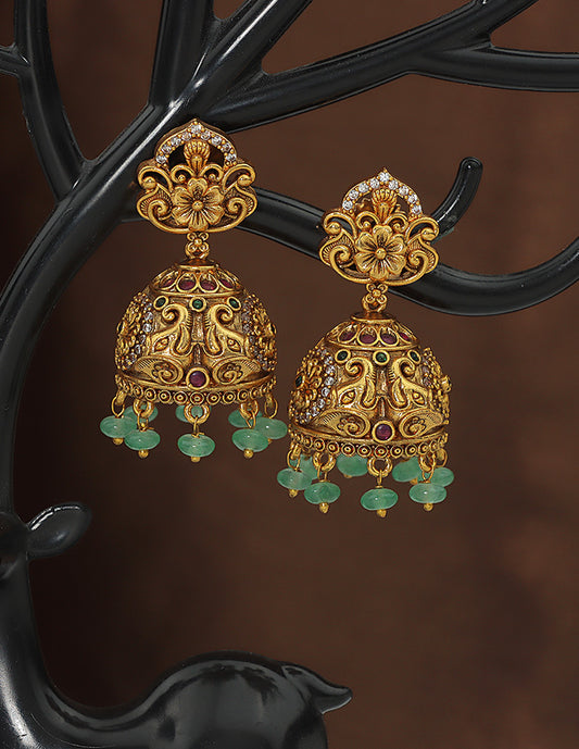 Designer Kempu Ruby and White Jhumka Earrings