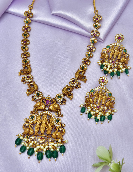 Designer Ramparivar Necklace Set with Green Beads