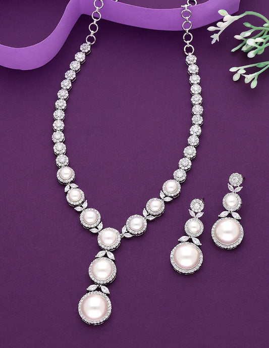 Designer Rhodhium Plated Zirconia Pearl Necklace Set
