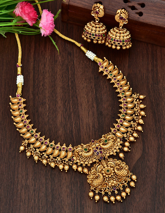 Antique Kempu Peacock Pattern Necklace Set