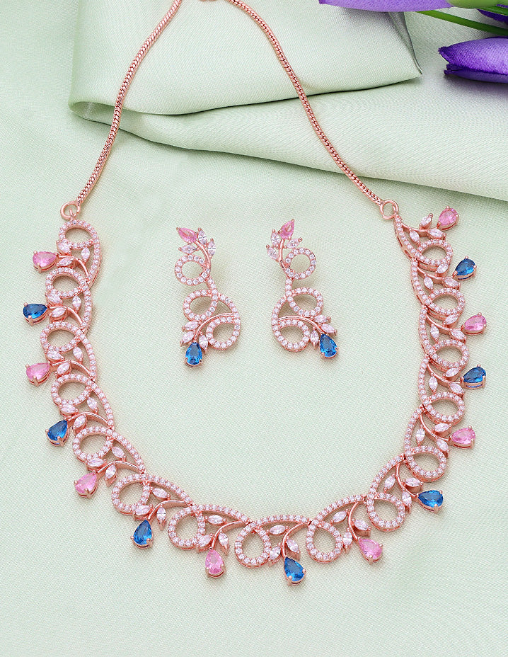 Designer Rose Gold Plated Zirconia Necklace Set