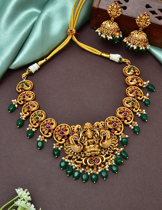 Designer Lakshmi Devi & Peacock Kempu Necklace Set