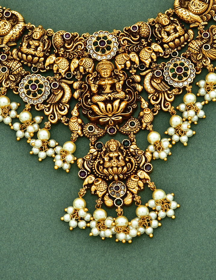 Designer Antique Lakshmi Devi Necklace Set Violet Purple
