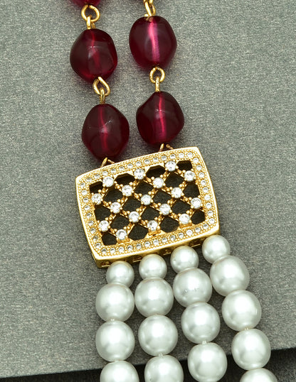 Pearls & Ruby Color Multilayered Beads Long Haaram