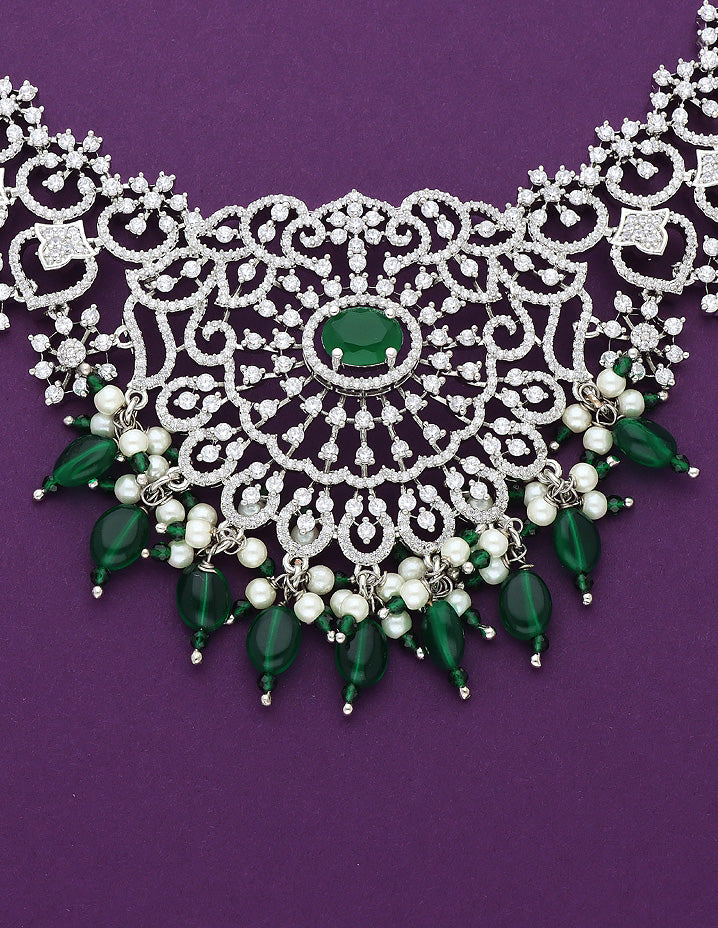 Designer Rhodhium Plated Zirconia Necklace With Green Beads