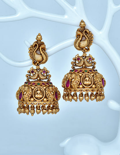Designer Peacock Lakshmi Devi Kempu Jhumka Earrings