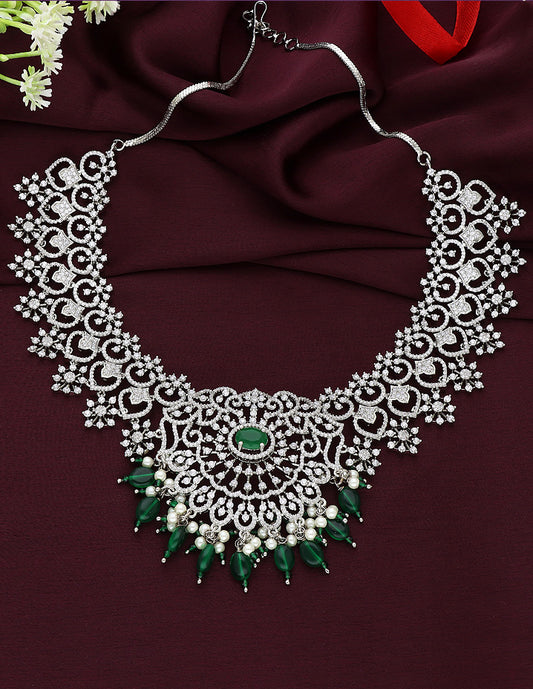 Designer Rhodhium Plated Zirconia Necklace With Green Beads