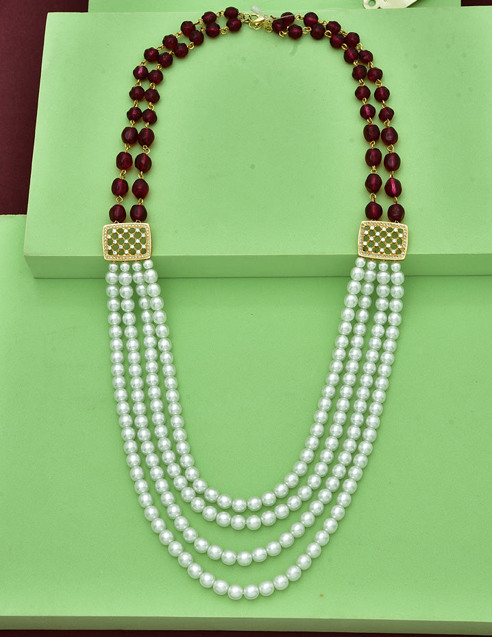 Pearls & Ruby Color Multilayered Beads Long Haaram