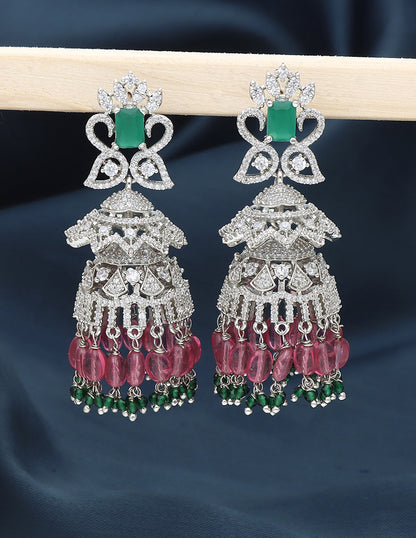 Designer Rhodhium Polish Zirconia Jhumka Earrings