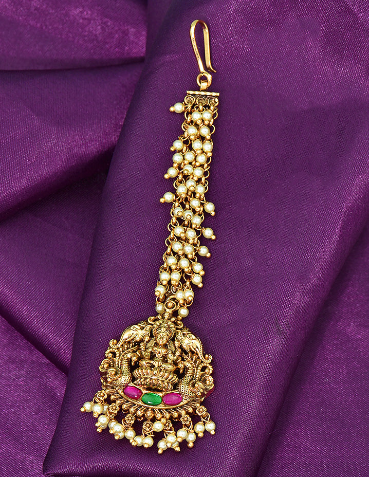 Designer Antique Lakshmi Pearl Maang Tikka