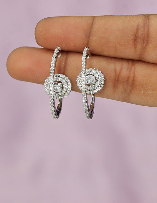Designer Zirconia Rhodium Polish Floral Loop Earrings