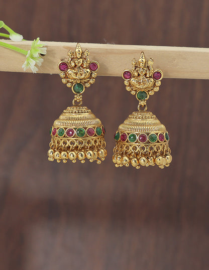 Designer Lakshmi Devi Ruby and Emerald Jhumka Earrings