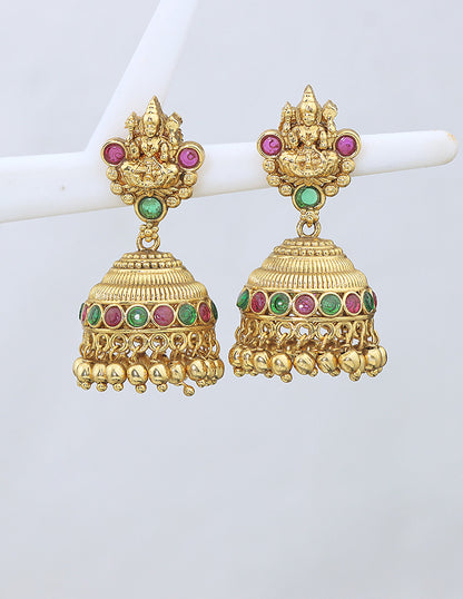Designer Lakshmi Devi Ruby and Emerald Jhumka Earrings