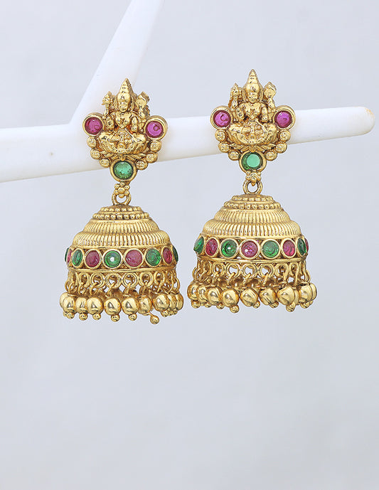 Designer Lakshmi Devi Ruby and Emerald Jhumka Earrings
