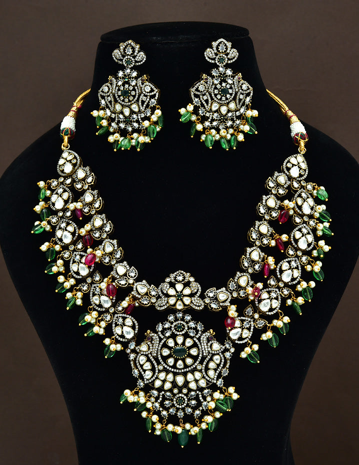 Victorian Emerald Beads Designer 2 Layerec Necklace Set