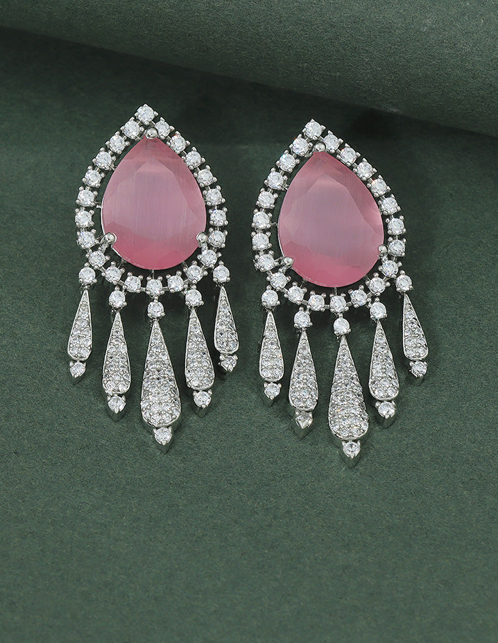 Designer Zirconia Rhodium Polish Crimson Royal Drop Dangler Earrings