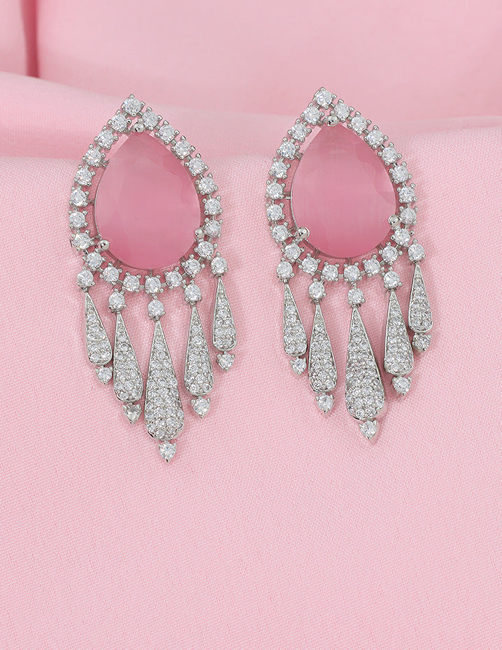 Designer Zirconia Rhodium Polish Crimson Royal Drop Dangler Earrings