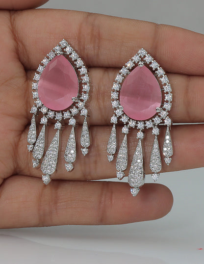 Designer Zirconia Rhodium Polish Crimson Royal Drop Dangler Earrings