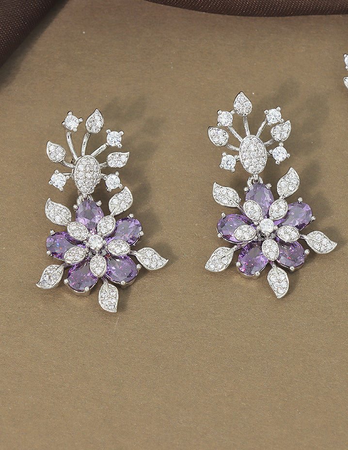 Designer Rhodium Polish Zirconia Floral Necklace Set