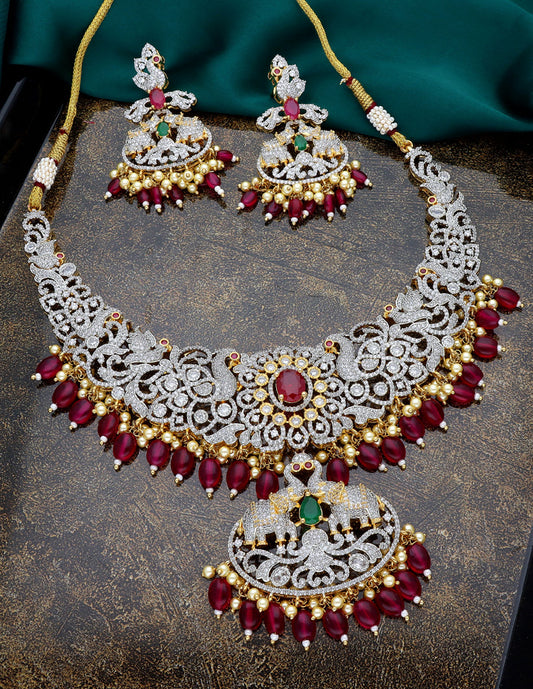 GJ Polish Zirconia Necklace Set With Ruby Beads