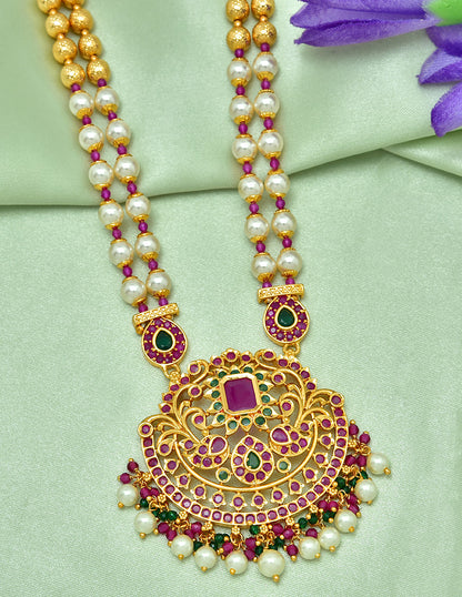 2-Lines Pearl Beads Mala with Zirconia Pendant