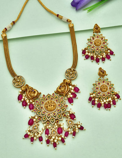 Antique Lakshmi Devi Zirconia Kempu and Emerald Necklace Set