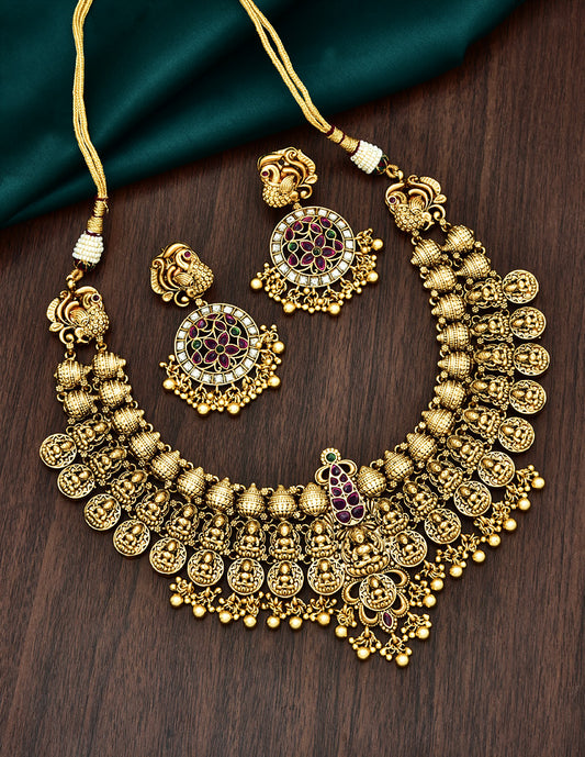 Antique Kempu Grand Lakshmi Devi Pattern Necklace Set