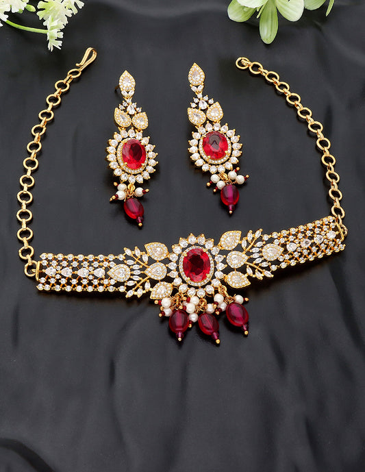 Designer Zirconia Choker Set With Ruby Beads