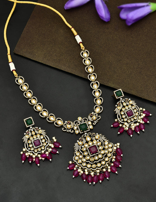 Zirconia Ruby Stone And Emerald Stone Peacock Design Victorian Necklace Set