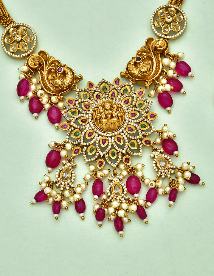 Antique Lakshmi Devi Zirconia Kempu and Emerald Necklace Set
