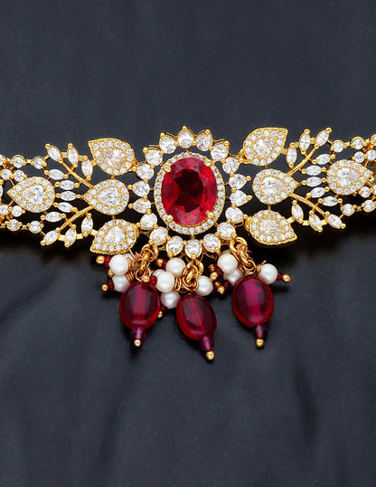 Designer Zirconia Choker Set With Ruby Beads