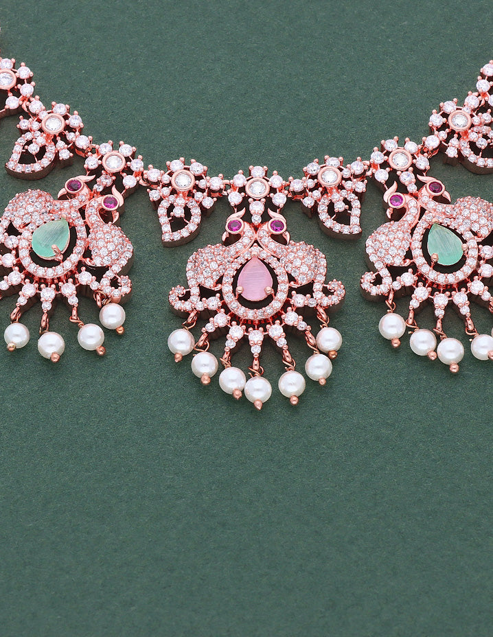 Designer Rose Gold Polish Peacock Zirconia Necklace Set
