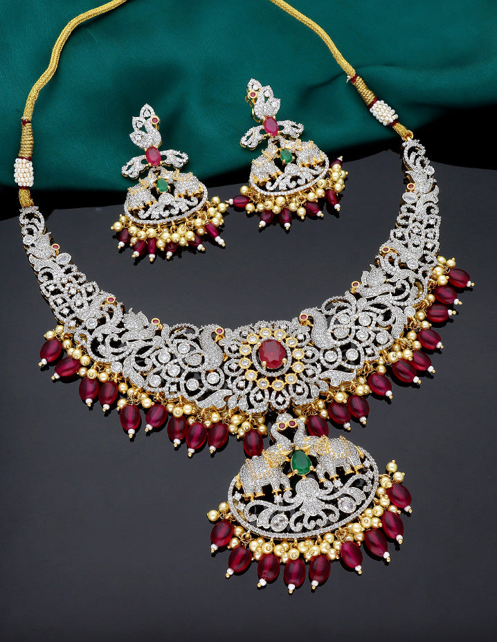 GJ Polish Zirconia Necklace Set With Ruby Beads