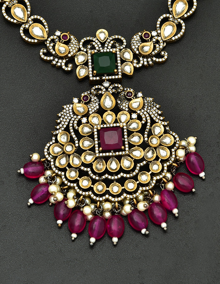 Zirconia Ruby Stone And Emerald Stone Peacock Design Victorian Necklace Set
