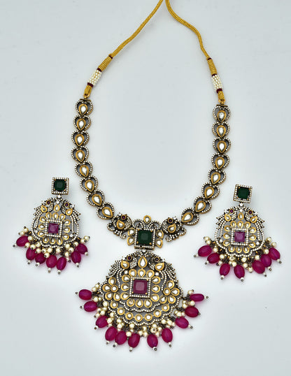 Zirconia Ruby Stone And Emerald Stone Peacock Design Victorian Necklace Set