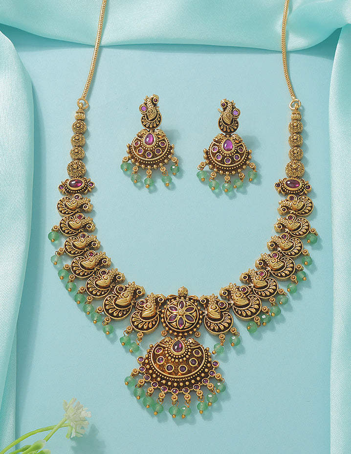 Designer Regal Temple Heritage Kempu Necklace Set