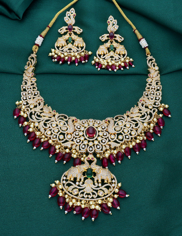 Gold Polish Zirconia Necklace Set With Ruby Beads