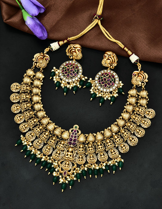 Antique Kempu Grand Lakshmi Devi Pattern Necklace Set