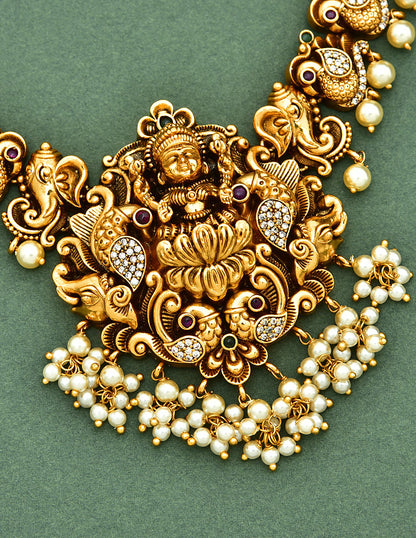 Antique Lakshmi Devi Kempu and Emerald Necklace Set