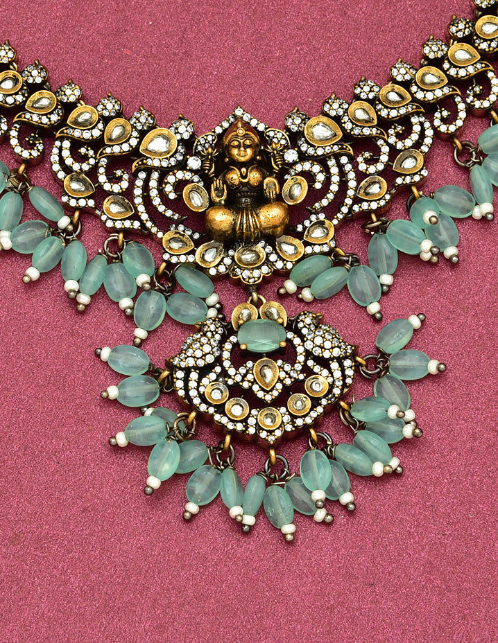 Zirconia Peacock Design Mint Green Color Beads Victorian Necklace Set