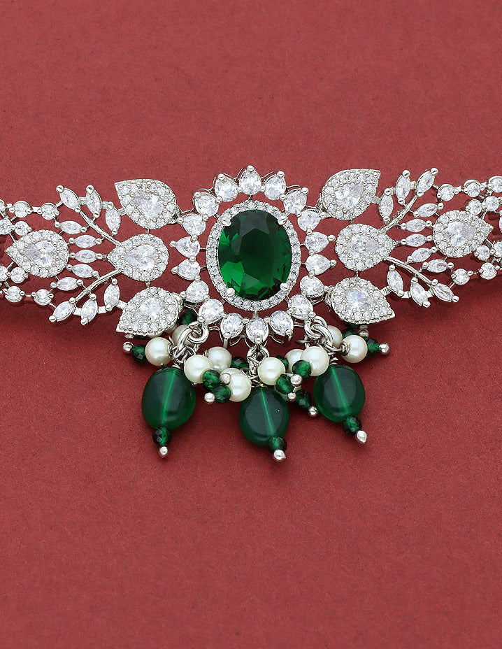 Designer Zirconia Choker Set With Green Beads