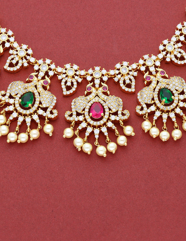 Designer Gold Polish Peacock Zirconia Necklace Set