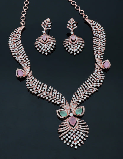 Zircon Rose Gold Polish Baby Pink Color Stone Necklace Set