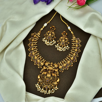 Antique Ruby And Emerald Kemp Lakshmi Devi Pattern Necklace Set