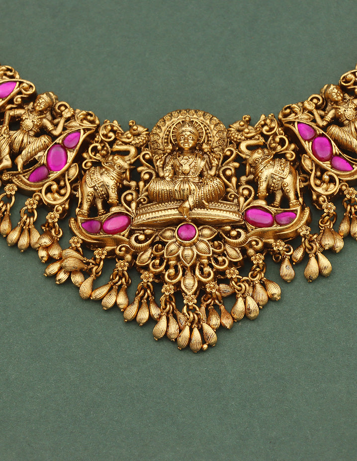 Designer Matt Rani Pink Lakshmi Devi Long Haaram Set