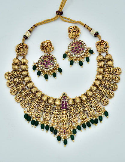 Antique Kempu Grand Lakshmi Devi Pattern Necklace Set