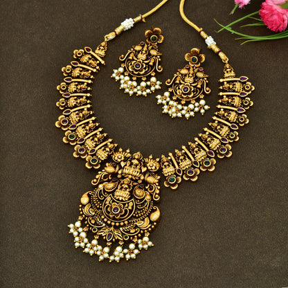 Antique Ruby And Emerald Kemp Lakshmi Devi Pattern Necklace Set