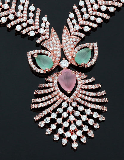 Zircon Rose Gold Polish Baby Pink Color Stone Necklace Set