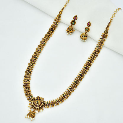 Antique Ruby And Emerald Kempu Long Haaram Set
