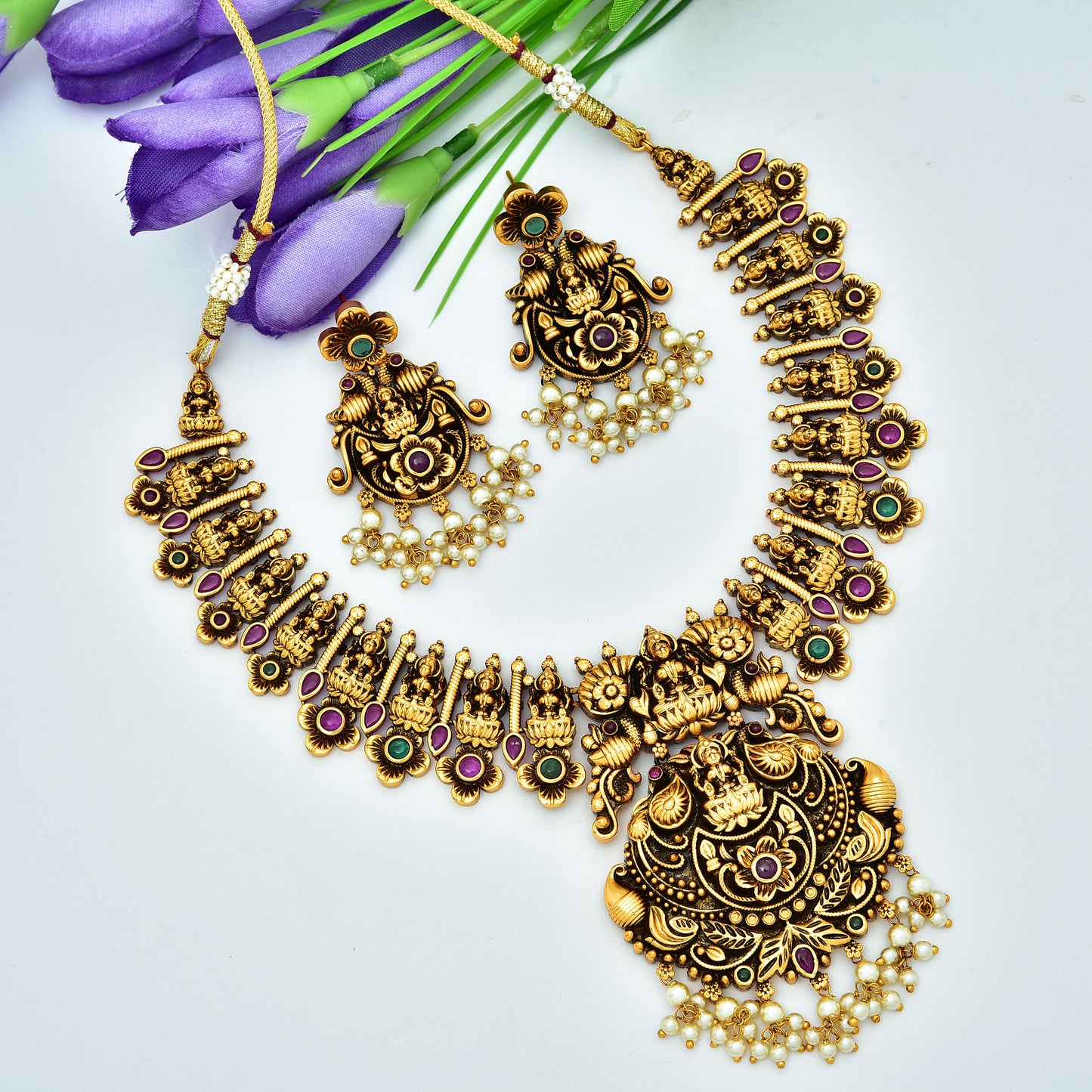 Antique Ruby And Emerald Kemp Lakshmi Devi Pattern Necklace Set